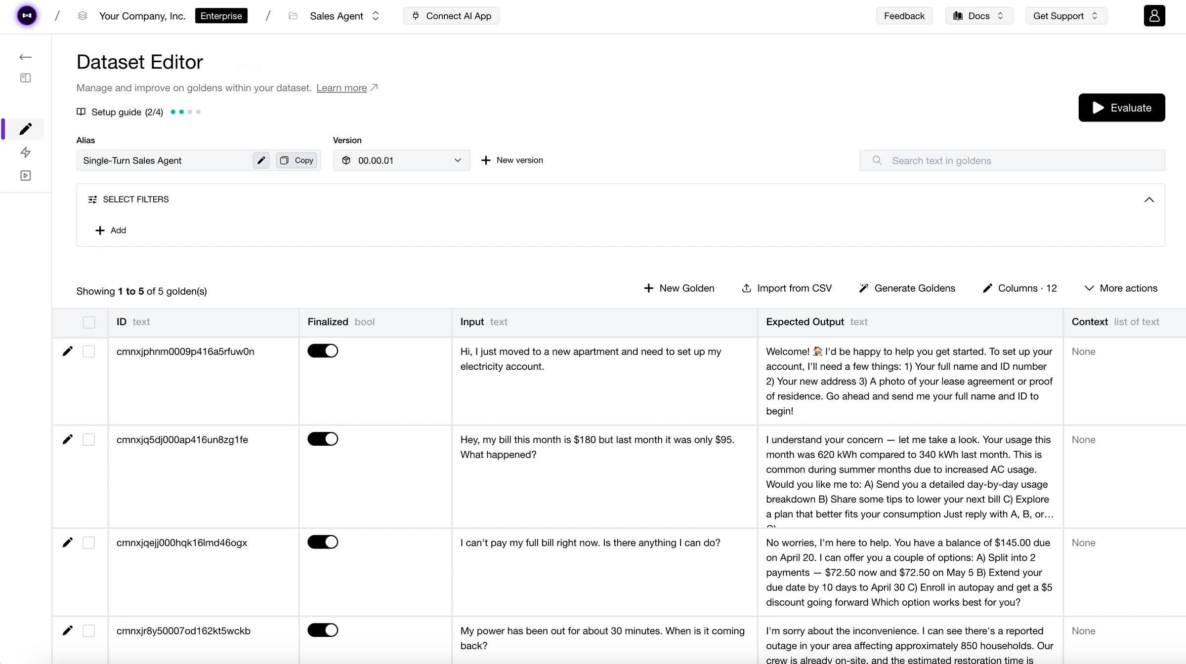 Confident AI dataset editor for a Single-Turn Sales Agent dataset, listing goldens with input, expected output and context columns