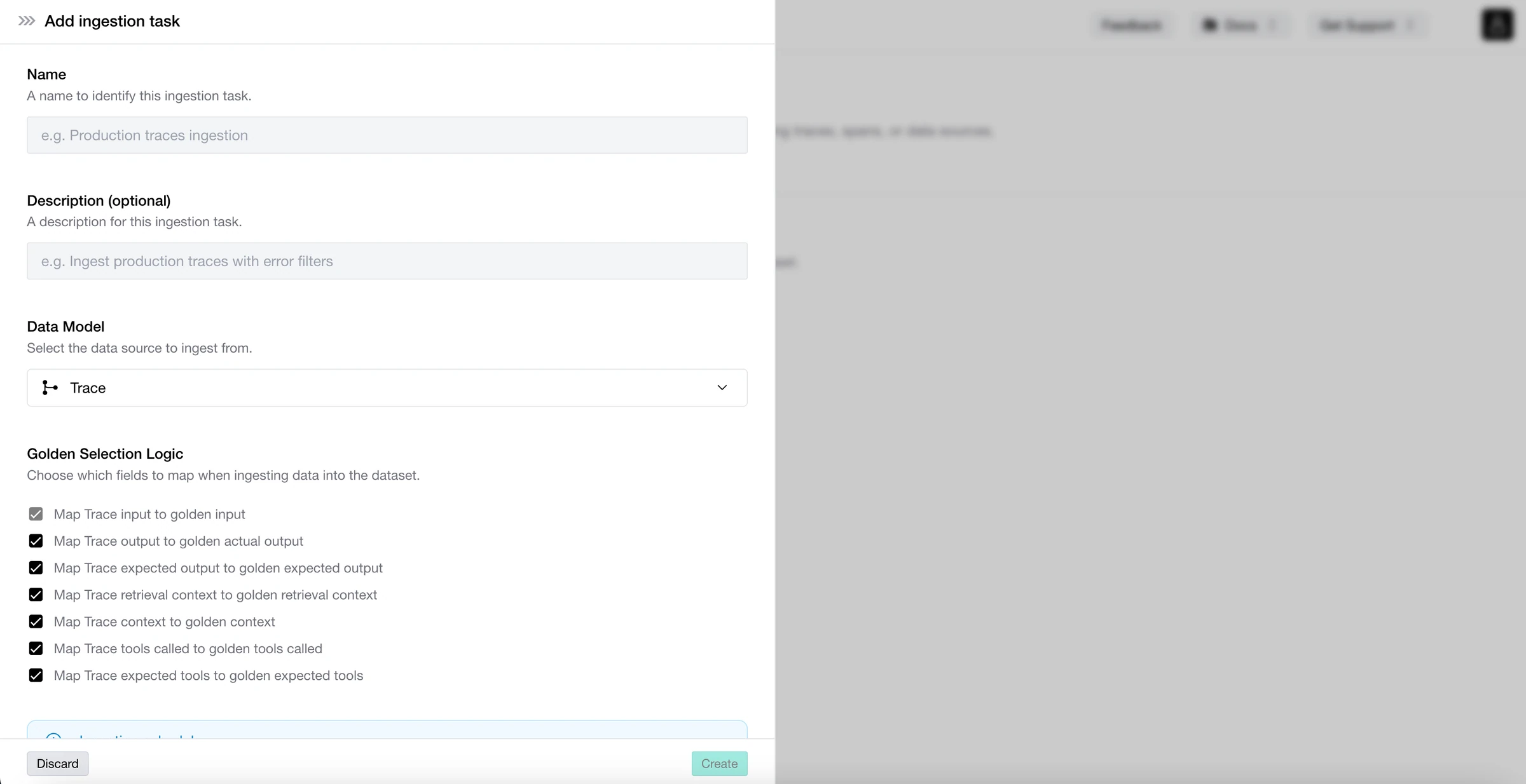 Confident AI Add ingestion task panel that maps trace input, output, context and tools called into the golden fields of a dataset
