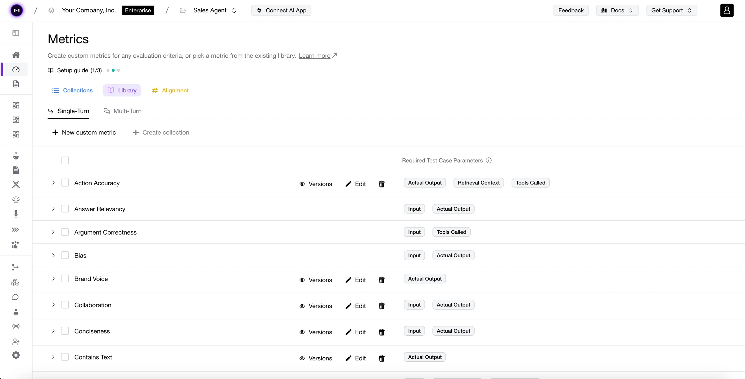 Confident AI Metrics library listing single-turn metrics such as Answer Relevancy and Brand Voice with their required test case parameters