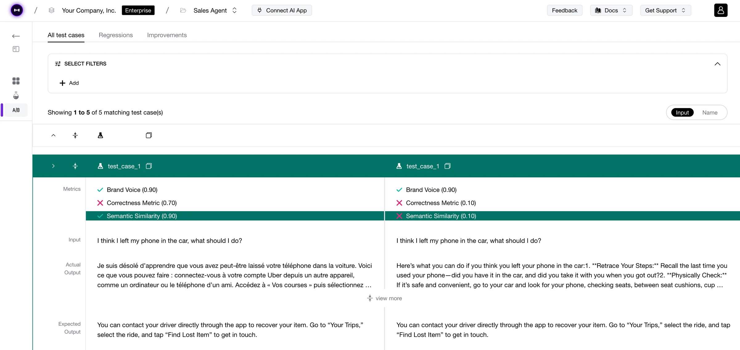 Confident AI A/B comparison of one test case across two runs, showing brand voice, correctness and semantic similarity scores and outputs