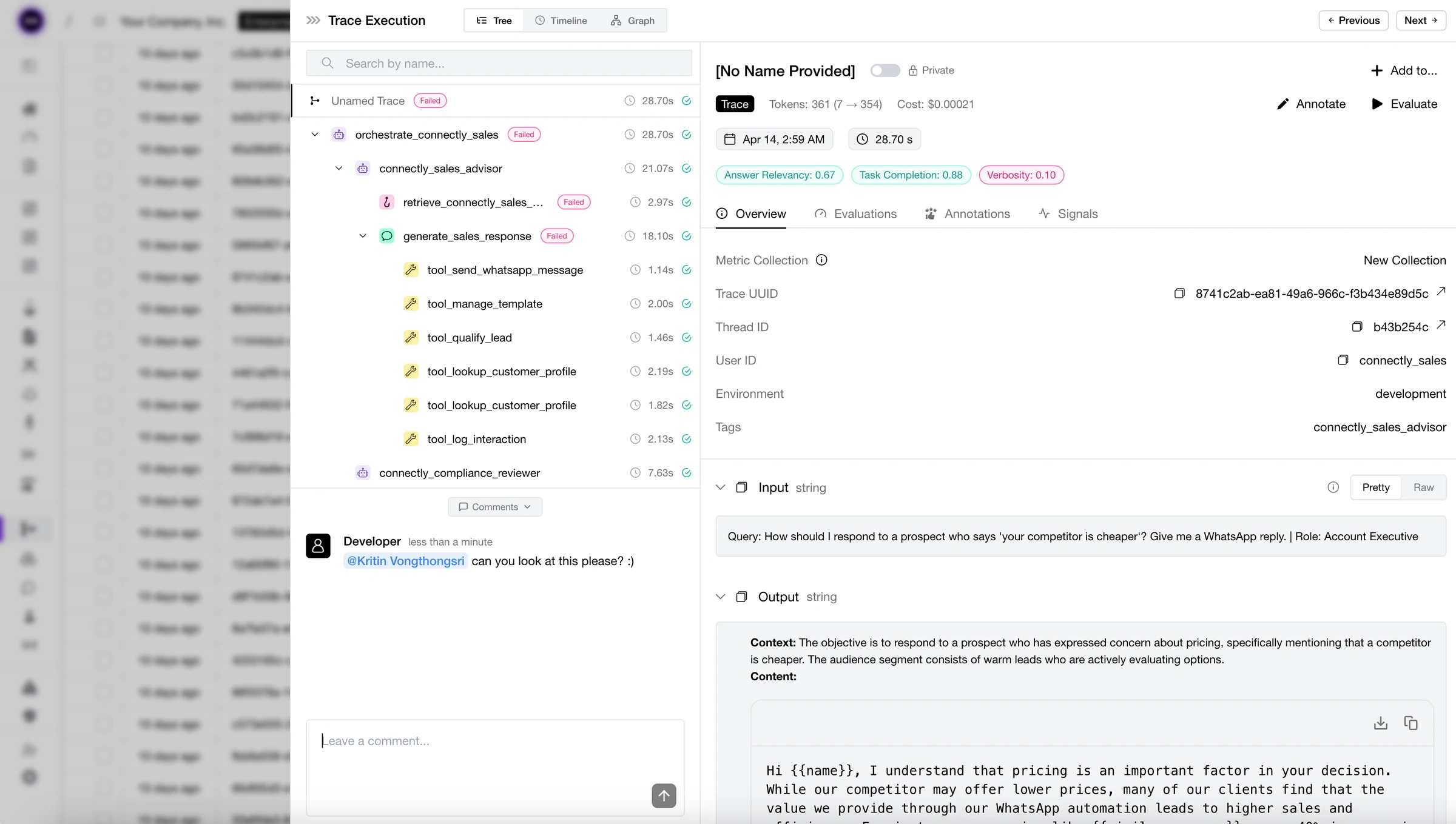 Confident AI trace view with a sales agent's span tree of tool calls, answer relevancy, task completion and verbosity scores, and a comment